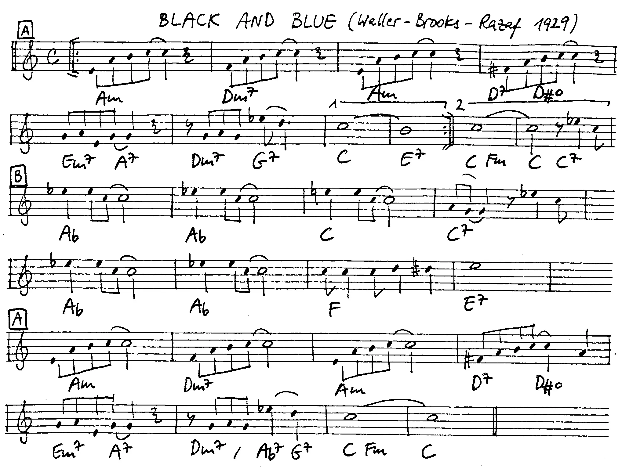 black and blue free jazz leadsheet - Courtesy of the Jungle Jazz Band